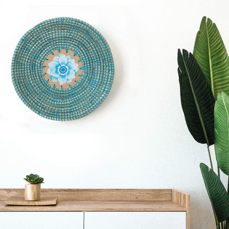 Natural Woven Fruit Basket Bowl with Wooden Base, Handmade Seagrass